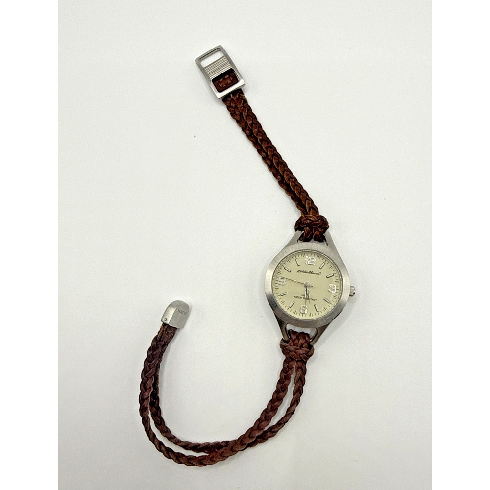 Vintage Eddie Bauer Women V8V121 Brown Woven Leather Quartz 28mm Watch 7 3/4"